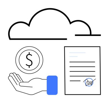 Bulut simgesi, dolar parasıyla el, dijital ödemeyi, sözleşmeyi, veri depolamayı, güvenliği, e-ticareti, çevrimiçi işlemleri vurgulayan imzalı belge. Finans uygulamaları ve basit hizmetler için ideal