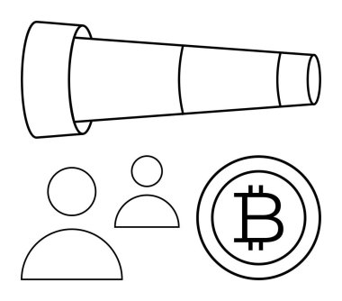 Teleskop iki kullanıcı simgesiyle Bitcoin sembolünü gösteriyor. Kripto para birimi odağı, finansal analiz, engelleme zinciri araştırması, pazar eğilimleri, ademi merkeziyetçi sistemler, dijital ekonomi, düz ekonomi için ideal