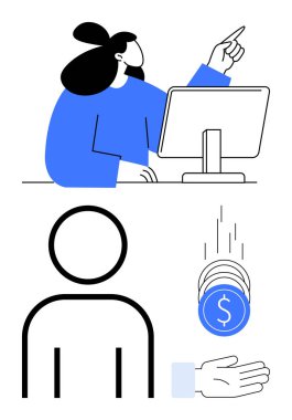 Kadın masaüstü ekranına doğru hareket ederken, bir kişi simgesi ve sikkelerin bir ele düşmesi kullanıcı etkileşimini, çevrimiçi ödemeleri, işlemleri veya müşteri ilişkilerini sembolize eder. Finansal için ideal