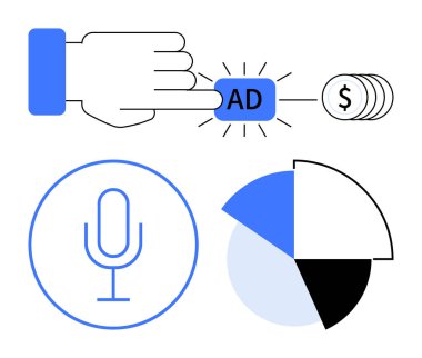 Para basma düğmesi, ses kampanyaları için mikrofon, pasta grafiği analizleri. Pazarlama, reklam, analitik, podcast, medya içeriği oluşturma dijital stratejileri için idealdir. Düz