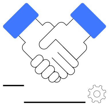 Ellerin titremesi anlaşmayı, ortaklığı ve güveni sembolize eder. Yanında takım çalışmasını ve ilerlemeyi temsil eden bir vites var. İşbirliği, iş, takım çalışması, güven ve ilerleme stratejisi için ideal