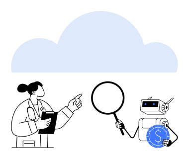 Doktor, elinde dosya tutarak büyüteç ve madeni para ikonu ile verileri inceleyen bir robota bakıyor. Yapay zeka, sağlık, finans, teknoloji, işbirliği, bulut hesaplama ve yenilik için ideal. Düz basit