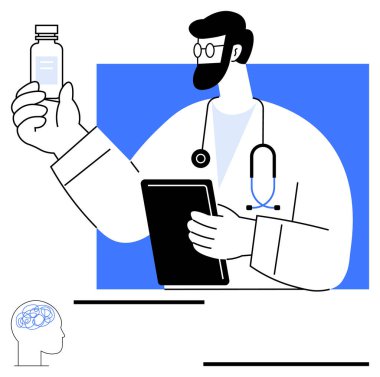 Laboratuvar önlüklü erkek doktor ilaç şişesini inceliyor, elinde bir tablet var. Beyin ve mavi arkaplan çizimi. Sağlık, teletıp, eczane, nörobilim, tanı, eğitim için ideal