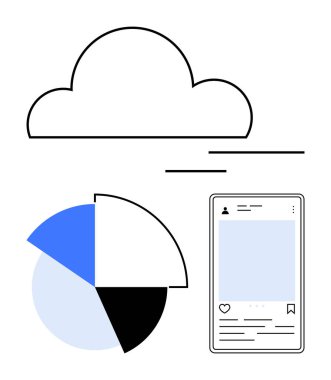 Çizgileri olan bulut, veri pasta grafiği, sosyal medya düzenine sahip akıllı telefon ekranı bağlantı, veri paylaşımı ve analizi vurguluyor. Teknoloji, iş, analitik ve dijital pazarlama için ideal
