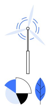 Dönen bıçaklı rüzgar türbini, bölünmüş pasta grafiği ve temiz enerjiyi, çevresel bakımı, sürdürülebilirliği ve veri analizini simgeleyen yaprak. Ekoloji, enerji ve teknik çizelgeler için ideal