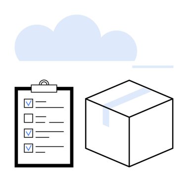 İşaretli görevleri, mühürlü paketleri ve bir bulut simgesi olan kontrol listesi. Lojistik, organizasyon, verimlilik, görev yönetimi, dağıtım hizmetleri, e-ticaret envanteri basit iniş sayfası için ideal