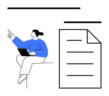 Çalışan bir dizüstü bilgisayarı olan bir birey, minimalist bir belgenin yanında düşünceli bir şekilde el kol hareketi yapıyor. Üretim, uzaktan çalışma, eğitim, organizasyon, planlama ve dijital içerik için ideal