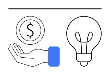 Madeni para ve dolar işareti ile mali yeniliği, karı ve yaratıcılığı sembolize eden bir ampulün yanında elini aç. İş, yatırım, girişim, yaratıcılık, ekonomi ve finans için ideal