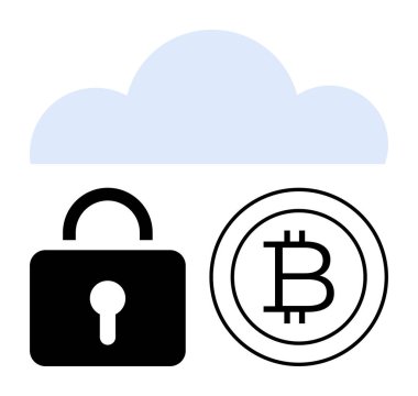 Siyah kilidi ve Bitcoin resmi olan bulut dijital güvenlik, şifreleme ve kripto para birimini korumayı vurguluyor. Finans, engelleme zinciri, teknoloji, çevrimiçi mahremiyet, siber güvenlik, güvenli veri için ideal