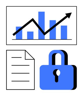 Yukarı doğru eğilimli bar tablosu, katlanmış köşeli doküman ve asma kilit. Ticari büyüme, veri güvenliği, analitik, gizlilik, mali koruma ve başarı için idealdir. Düz basit metafor