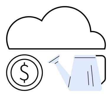 Bir dolar madeni para ve sulama kutusuyla bulut resmi, finansal büyümeyi, yeniliği ve kaynak yönetimini sembolize ediyor. Yatırım için ideal, bulut çözümleri, tarım, fintech, strateji büyümesi basit