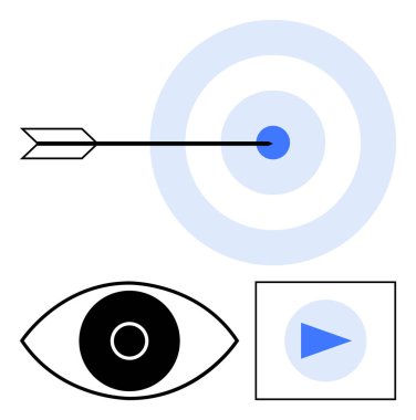 Ok delici hedef, kalın göz tasarımı, kare şeklinde üçgen oynatma düğmesi. Odaklanma, hassasiyet, görüş, hedef belirleme, analitik, medya sade iniş sayfası için ideal