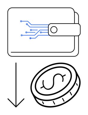 Devreli dijital cüzdan, aşağı doğru ok, bir dolar işareti olan bozuk para. Engelleme zinciri, fintech, tasarruf, e-ticaret, kripto değiş tokuşu, basit iniş sayfası işlemleri için ideal