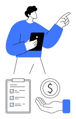 Tablet tutan adam işaret ederken kontrol listesi, keneli para elinde. İş, finans, üretkenlik, planlama, yatırım, karar verme sade iniş sayfası için ideal