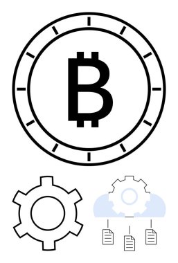 Saatin içindeki bitcoin işareti zamanı ve değeri simgeliyor. Vites, bulut ve belgeler blok zinciri, veri işleme ve bulut depolamayı temsil ediyor. Kripto para birimi, finans, yatırım otomasyonu için ideal