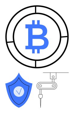 Dairesel çerçevede Bitcoin sembolü, işaretli güvenlik kalkanı, robotik kol. Kripto para birimi, engelleme zinciri, güvenlik, fintech, yenilik, otomasyon sade iniş sayfası için ideal