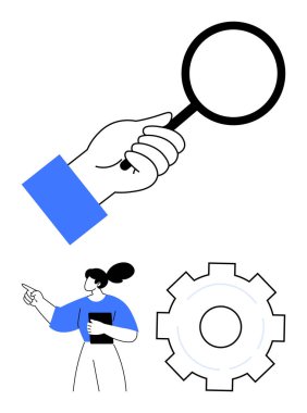 El ele büyüteç, mavi elbiseli kadın tabletli, büyük teçhizatlı. Araştırma, analiz, süreç iyileştirme, teknoloji, takım işbirliği, basit iniş sayfası için ideal