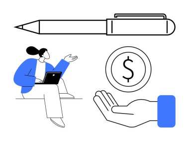 Dizüstü bilgisayar kullanan, para teklif eden, fikirleri ve yaratıcılığı tasvir eden bir kadın. Serbest çalışma, çevrimiçi eğitim, finans, takım çalışması, yaratıcılık, iş araçları için ideal