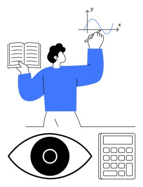 Açık bir kitap tutarken tekil matematik grafiği. Aşağıdaki göz simgesi ve hesap makinesi sembolleri. Eğitim, analiz, matematik, öğrenme, araştırma, problem çözme, basit