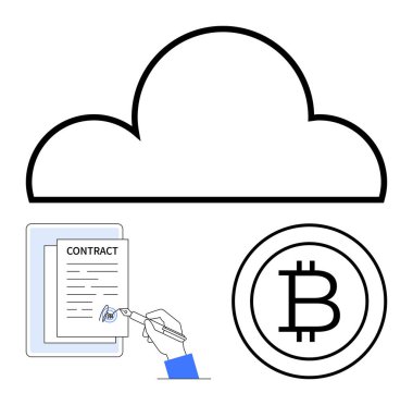 Bulut ana hatları kalem ve Bitcoin ikonu ile dijital sözleşme imzalama üzerinde. Teknoloji, finans, engelleme zinciri, kripto para birimi, bulut depolama, dijital anlaşmalar ve yenilik için ideal. Düz basit metafor