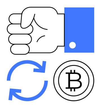 İlk jest, Bitcoin logosu ve blok zinciri, dijital para birimi, işlemler, yenilenme ve teknolojiyi simgeleyen dairesel ok. Kripto para birimi için ideal, engelleme zinciri fintech yeniliği