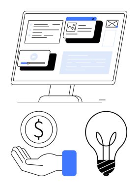 Masaüstü monitöründe UI bileşenleri, dolar bozuk parayla el ve yaratıcılık ve finans için ampul gösteriliyor. İş stratejisi, yenilik, finans, UIUX tasarımı, e-öğrenme, takım çalışması için ideal