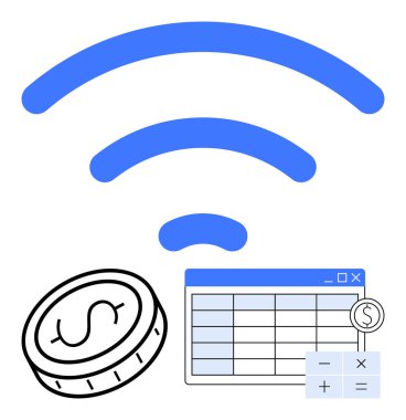 Bozuk para, mavi kablosuz sembol ve hesap makineli hesap tablosu. Fintech, para yönetimi, bütçe, dijital ödemeler, IOT, çevrimiçi işlemler için ideal basit iniş sayfası