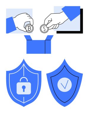 Şifreli para ve bozuk paraları açık bir kutunun üstünde tutan eller. Aşağıdaki iki kalkanda asma kilit ve işaret var. Döviz kurları, engelleme zinciri, güvenlik, güven ve ödeme çözümleri için ideal