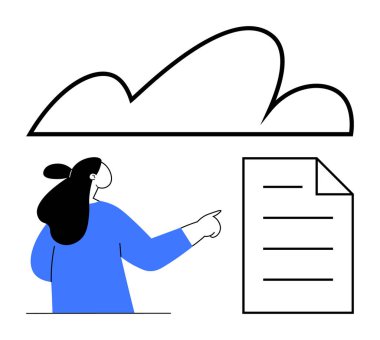 Kadın bulut altındaki bir belgeye el kol hareketi yapıyor, veri depolama, erişilebilirlik ve paylaşımı vurguluyor. Bulut hesaplama, dosya yönetimi, teknoloji, işbirliği, basitlik üretkenliği için ideal