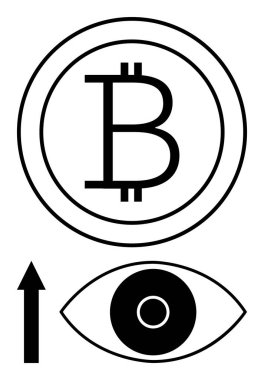 Bitcoin sembolü çemberin içinde, yukarı doğru ok, ilerlemeyi izlemek için göz simgesi. Engelleme zinciri, mali yenilik, ticaret, veri analizi, yatırım stratejisi, dijital para birimi ve basit