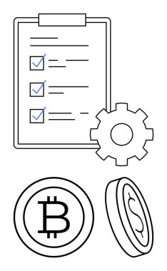 Tamamlanmış görevleri olan kontrol listesi, ayarlar için ekipman, Bitcoin ve dolar para verimliliği, finans ve kripto para birimini birleştiren. İş, engel zinciri, görev yönetimi ekonomisi iş akışı için ideal