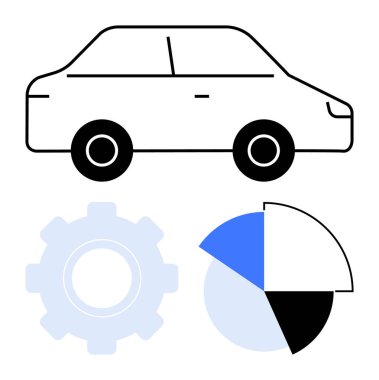 Veri analizi, otomasyon ve teknoloji işlemlerini gösteren araç silueti ve pasta grafiği. Yenilik, mühendislik, mekanik, istatistik, araştırma, veri düzlüğü için ideal basit metafor