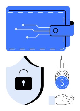 Devre dizaynlı cüzdan, asma kilitli kalkan, bozuk para kabul eden el. Dijital güvenlik, fintech, ödemeler, engelleme zinciri, kripto para birimi, e-ticaret sade iniş sayfası için ideal