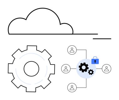 Bulut, dişli, bağlı kullanıcılar ve güvenli kilit bulut hesaplama, veri paylaşımı, güvenlik, takım çalışması, otomasyon ağı ve yenilikleri gösteriyor. Bilişim sektörü siber güvenliği için ideal ve basit
