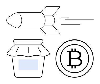 Hareket halindeki roket, reçel kavanozu ve Bitcoin madeni para yenilik, gelenek ve teknoloji arasındaki zıtlığı vurguluyor. Teknoloji, finans, yaşam tarzı, girişimcilik e-ticaret sadeliği için ideal