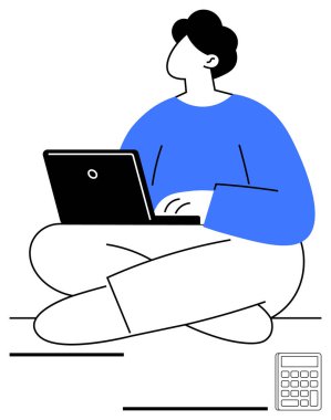 Bir hesap makinesi eşliğinde dizüstü bilgisayarda çalışan bağdaş kurmuş bireyler. Öğrenme, uzaktan çalışma, üretkenlik, dijital beceriler, finansal planlama, serbest çalışma ve basit iniş için ideal