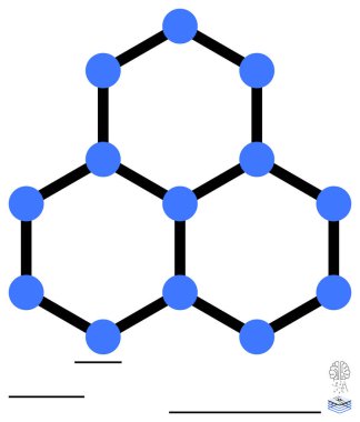Siyah çizgilerle birbirine bağlı mavi kürelerin altıgen moleküler ağı. Bilim, kimya, yenilik, bağlantı, teknoloji, mühendislik, işbirliği için ideal, düz basit metafor