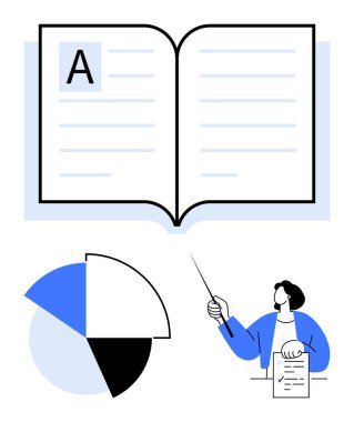Açık bir kitap, mavi gözlüklü dairesel pasta çizelgesi ve sopayla işaret eden eğitmen. Eğitim, veri analizi, araştırma, sunumlar, öğrenim sektörü raporları için ideal. Düz