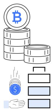 Bitcoin paraları istiflenmiş, kripto jetonları bir elin üstüne düşmüş ve işlem kutuları ayrılmış. Kripto para birimi, finans, engelleme zinciri, yatırım, fintech, para transferi için ideal