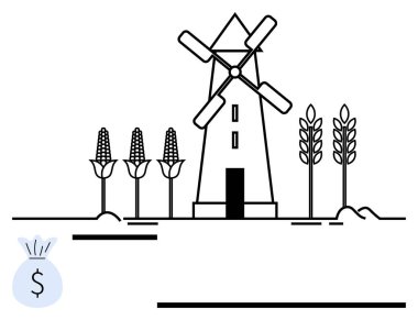 Mısır sapları, buğday ekinleri ve tarım, yenilenebilir enerji ve ekonomiyi sembolize eden bir para torbası ikonu ile çevrili yel değirmeni. Tarım, sürdürülebilirlik, ekonomi ve kırsal yatırım için ideal