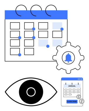 Vurgulanmış tarihlerle takvim arayüzü, bildirim zili, odaklanmış göz ve abonelik simgesi ile donanım. Planlama, organizasyon, planlama, anımsatıcı, etkinlik abonelikleri için idealdir