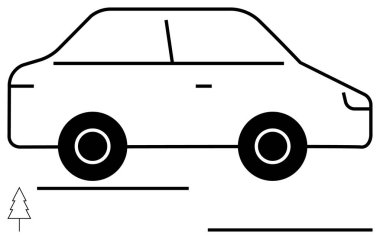 Profilde bir arabanın siyah çizgisi, basit geometrik çizgiler, yakınlarda küçük bir ağaç elementi. Ulaşım, seyahat, çevre dostu, sürdürülebilirlik, şehir planlama sadeliği eğitimi için idealdir. Düz