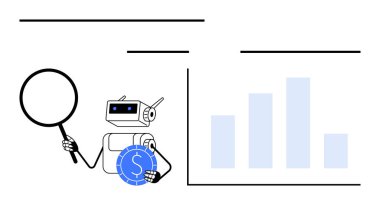Robot bir bar çizelgesinin yanında büyüteç ve bozuk para tutuyor. Otomasyon, veri analizi, finans, yatırım, yapay zeka eğilimleri, teknoloji sezgileri ve araştırma için ideal. Düz basit metafor