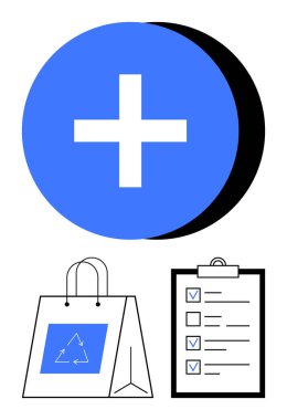 Mavi artı işareti pozitifliği sembolize eder, geri dönüşümü teşvik eder ve çevresel farkındalık denetim listesi planlamayı destekler. Takım çalışması, üretkenlik, organizasyon, sürdürülebilirlik ve ekoloji için ideal