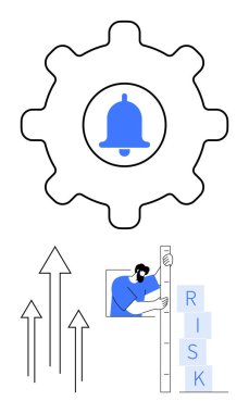 Uyarı zili olan dişli simgesi, büyümeyi sembolize eden yukarı doğru oklar ve istiflenmiş risk bloklarını analiz eden bir kişi. Uyarı yönetimi, iş stratejisi, büyüme, risk yönetimi, verimlilik için ideal
