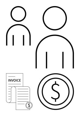 Kullanıcı simgeleri, fatura belgesi ve dolar parası kişisel finans, fatura, ticari işlemler, dijital cüzdanlar, finansal uygulamalar, muhasebe sistemleri ve basit iniş sayfalarını temsil etmektedir.