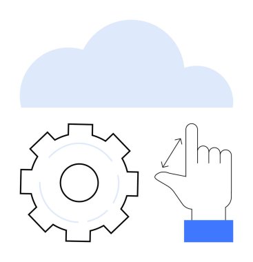 Bulut teçhizatın üzerinde uçuyor ve el hareketleriyle ayarları, kontrolü ve kişiselleştirmeyi sembolize ediyor. Bulut hesaplama, yazılım kullanımı, teknolojik yenilik, otomasyon, sistem yönetimi, uzaktan çalışma için ideal