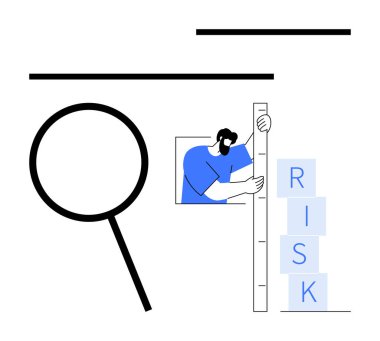 Engelleri istifleyerek ve dikey cetvelle ölçerek riski değerlendiren işadamı, detaylı analizi işaret eden büyüteçle. İş analizi, risk yönetimi ve sorun çözme için ideal