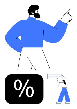 Yukarıya bakan adam, siyah yüzde işareti, beş yıldızlı not kartı tutan küçük kullanıcı. Pazarlama, iş büyümesi, geri bildirim, reytingler, başarı hedefleri indirimleri için ideal. Düz basit metafor