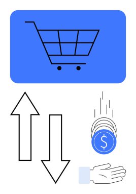 Mavi alışveriş arabası, yukarı ve aşağı oklar, düşen paraları yakalayan eller. E-ticaret, para akışı, çevrimiçi alışveriş, iş büyümesi, kar, finans ve basit iniş sayfası için ideal